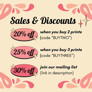 May include: A promotional graphic with the text "Sales & Discounts" in a retro font. It highlights discounts: 20% off when buying 2 prints (code "BUYTWO"), 25% off when buying 3 prints (code "BUYTHREE"), and 30% off for joining the mailing list.