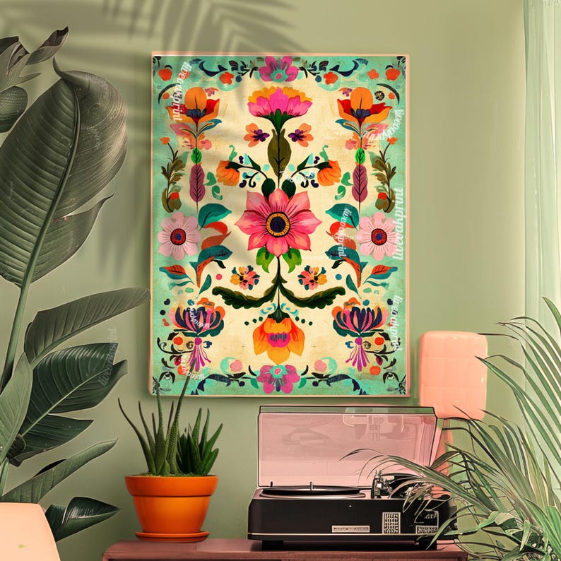 Mexican Folk Art Print - Pink and Green Floral Print - Vintage Folk Art ...