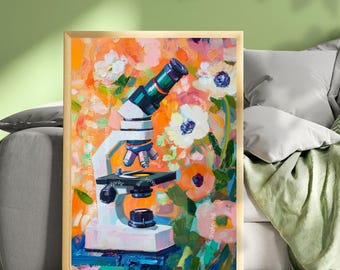 May include: A framed art print featuring a colorful painting of a microscope. The microscope is white, black, and teal, set against a vibrant background of orange, pink, and white flowers. The artwork has a textured, impressionistic style.