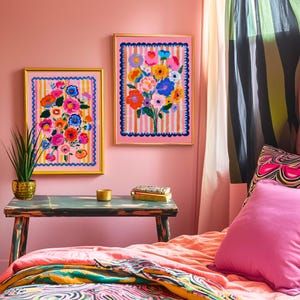 Rosa Maximalist Blommig Väggkonst Set – Färgglada Rosa Blommor Set Om Två Tryck – Eklektiska Botaniska Tryck Boho Vardagsrum Väggkonst
