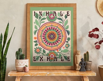 Sage Green Inhale Exhale Print - Boho Wall Art - Sage Green Mandala Wall Art - Floral Boho Print - Boho Flower Print - Boho Meditation Print