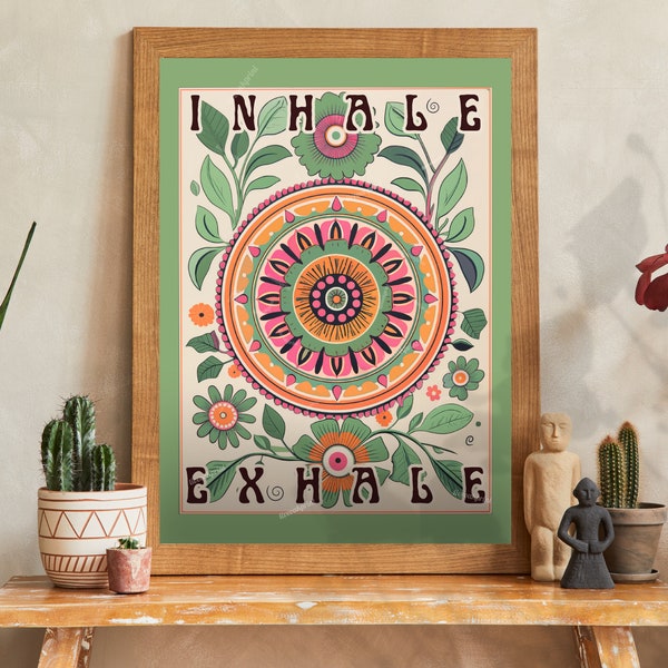 Sage Green Inhale Exhale Print - Boho Wall Art - Sage Green Mandala Wall Art - Floral Boho Print - Boho Flower Print - Boho Meditation Print