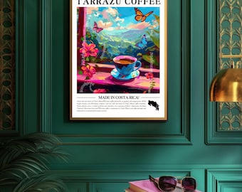 Lámina artística de café Tarrazú – Decoración de cocina tropical de Costa Rica