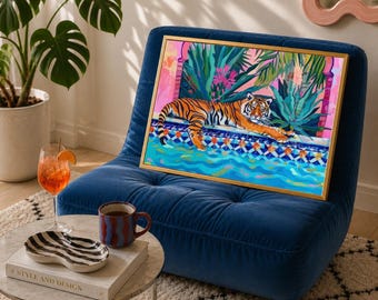 Tiger by the Pool Wall Art - Maximalist Tropical Print Pink Teal Living Room Decor Bold