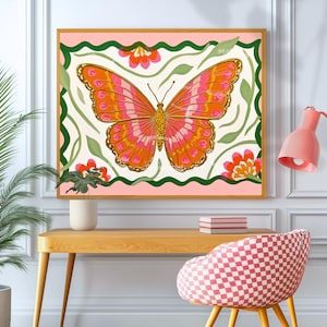 Schmetterling Wandkunst - Rosa und Orange Folk Kunst Druck - Skurrile botanische Wohnkultur Horizontale Wandkunst