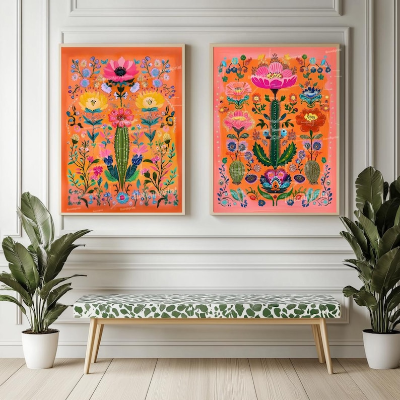 Set of Two Vibrant Mexican Cactus Wall Art – Folk-style Desert Print ...