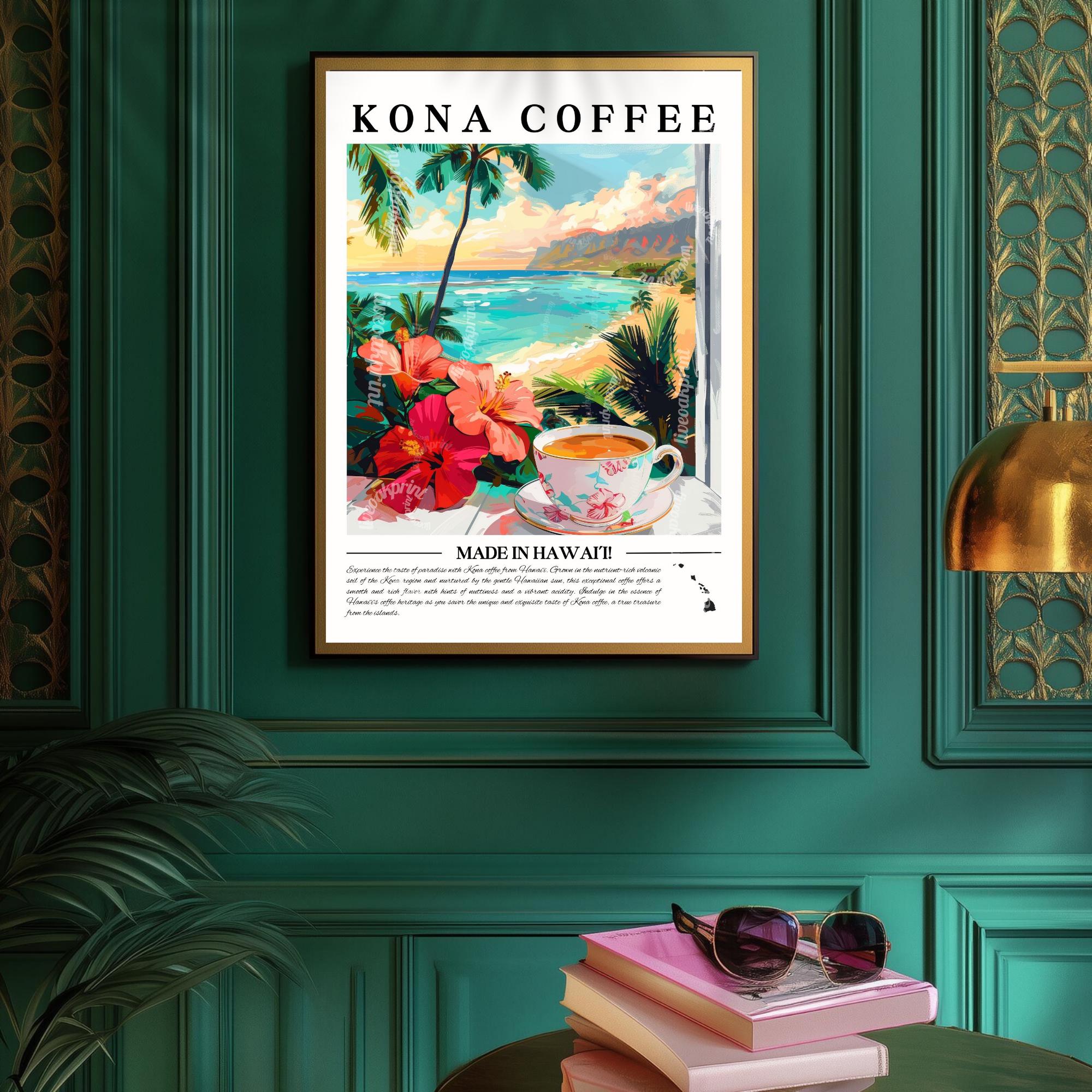 Kona Coffee Wall Art - Hawaii Kitchen Decor Tropical Coffee Print