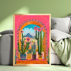 Surrealer Kaktus Art Print – Western Wandkunst – Funky Eye Art Print – Pinkes Wüsten Dekor – Maximalistisches Pflanzen Poster Wohnzimmer Dopamin Dekor
