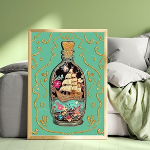 Lámina artística de un barco en una botella – Arte mural costero – Decoración náutica oscura – Póster oceánico caprichoso – Lámina de fantasía marítima – Arte playero maximalista