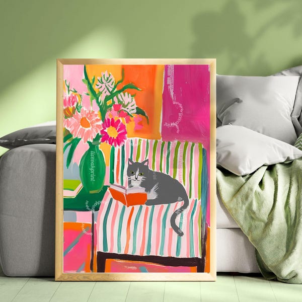 Gray and White Cat Reading Print – Gray Cat Gift Cozy Reading Nook Decor Gray Cat Art Gift for Book Lovers Dopamine Decor Bookish Wall Art