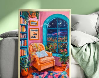 Late Night Book Club Print - Book Club Sign - Cute Cozy Reading Art - Bookish Decor - Book Girl Wall Art - Vintage Book Print