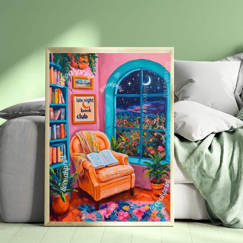 May include: A painting of a cozy living room with a bookshelf, a comfy armchair, and a window with a view of a starry night. The armchair has a book on it and a sign above the bookshelf reads "late night book club".