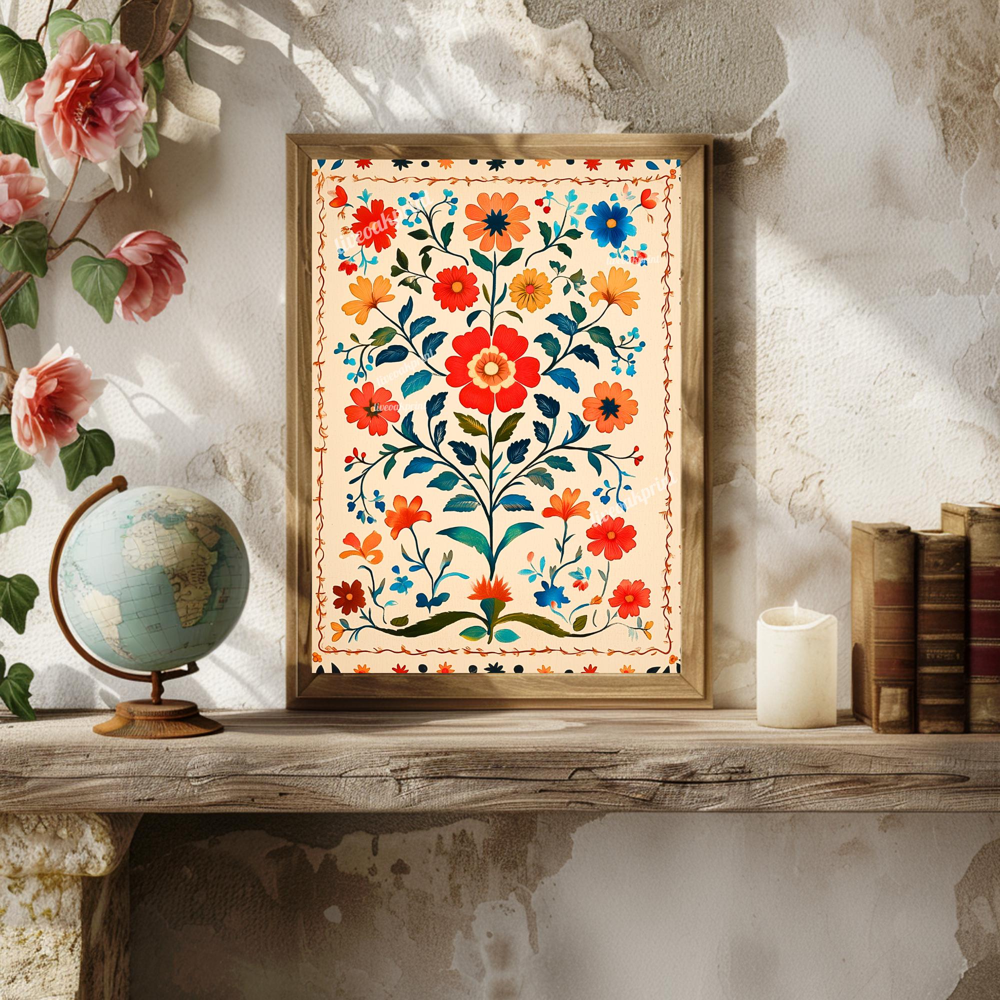 Mexican Folk Art Inspired Vintage Poster - Floral and Botanical Wall ...