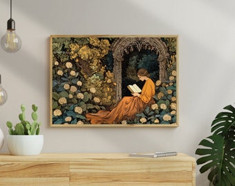 Woman Reading in Garden Wall Art – Cottagecore Fairycore Decor, Bookish Library Print, Whimsical Reading Nook Art, Gift for Her