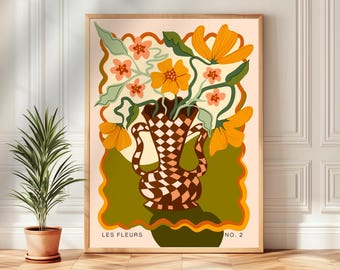 May include: A vintage-style illustration of a checkered vase filled with orange and pink flowers. The vase is brown and white with a checkered pattern. The flowers are surrounded by a green and orange border with a wavy design. The text "LES FLEURS NO. 2" is at the bottom of the image.
