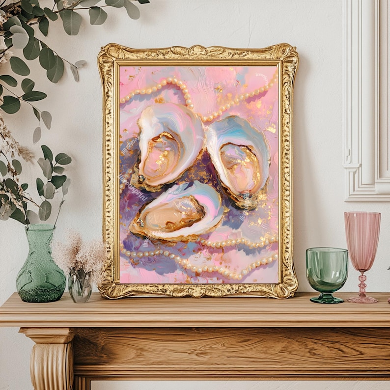 Pastel Oysters And Pearls Art Print Pink Coastal Wall Art Glam Vanity pastel-oysters-and-pearls-art-print-pink-coastal-wall-art-glam-vanity