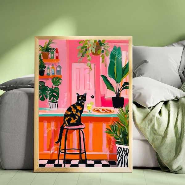 Tortie Cat Print With Margarita and Pizza – Pink Kitchen Bar Art Pizza Cocktail Wall Decor Plant Lover Gift Tortie Cat Owner Maximalist Home