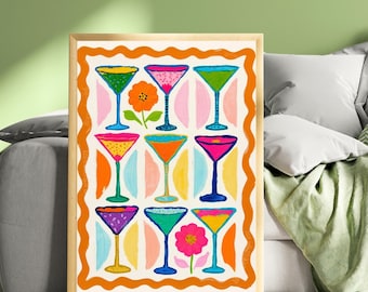 Cocktail Wall Art – Colorful Folk Art Drink Print – Maximalist Retro Bar Cart Decor and Funky Kitchen Décor
