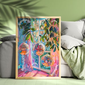 Blue and Pink Disco Balls Print - Disco Wall Art - Disco Ball Decor - Funky Wall Art - Trendy Wall Decor | Disco Matisse Print for Apartment