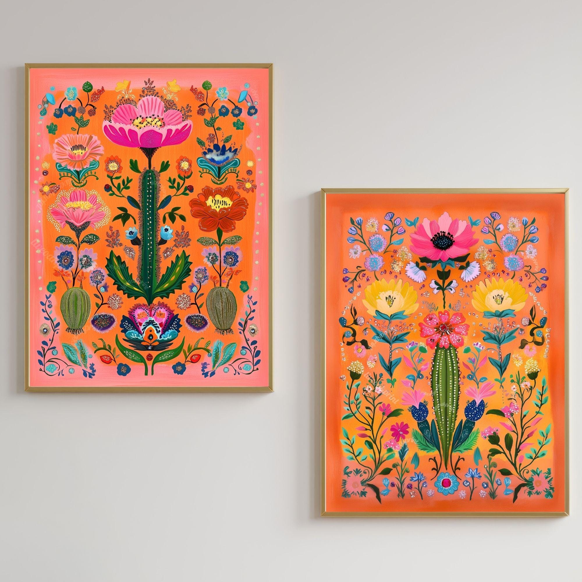 Set of Two Vibrant Mexican Cactus Wall Art – Folk-style Desert Print ...