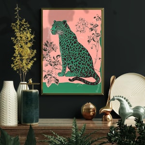 Emerald Leopard on Pink Wall Art - Botanical Bold Maximalist Animal Print - Vintage Botanical Decor - Modern Eclectic Home Art