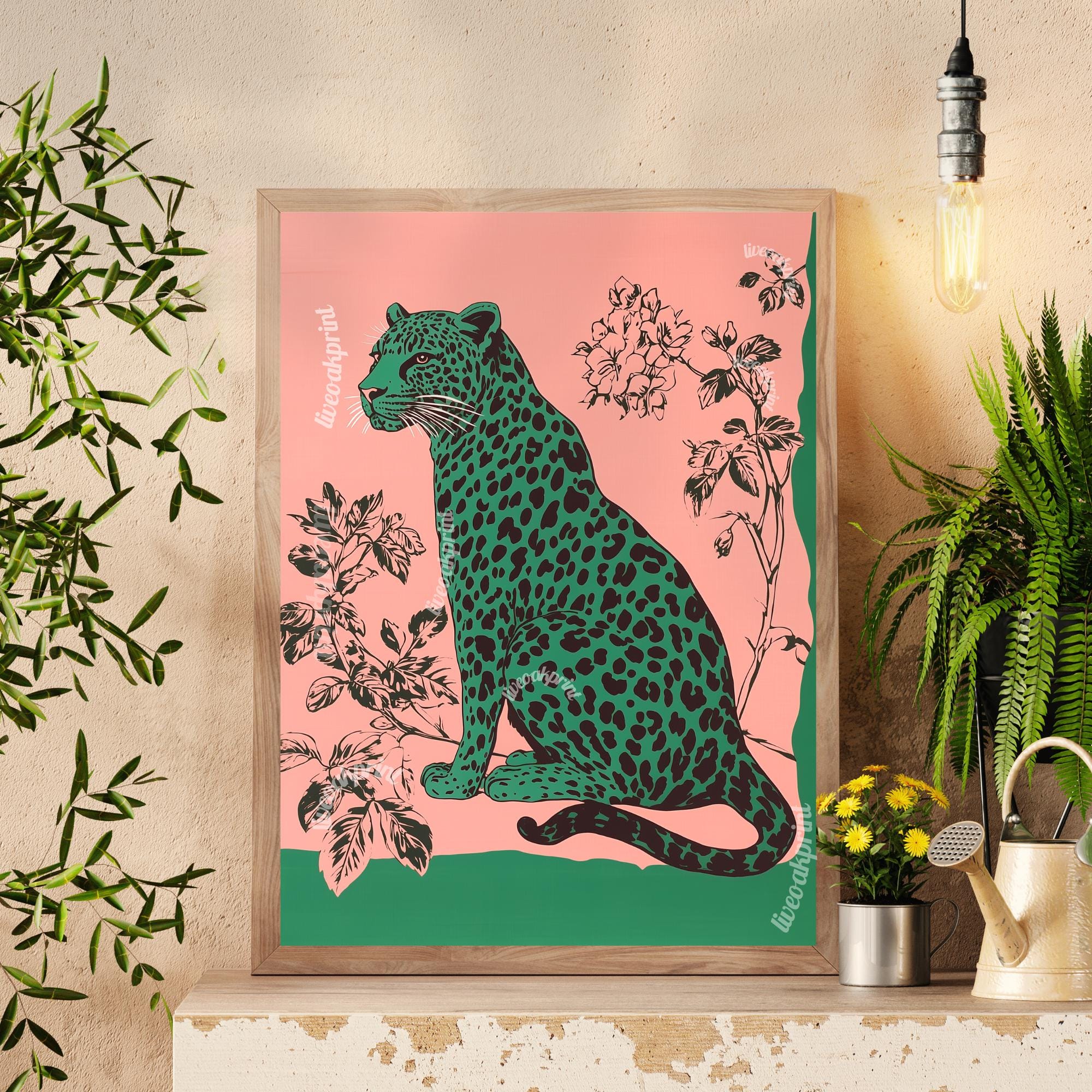 Emerald Leopard on Pink Wall Art - Botanical Bold Maximalist Animal ...