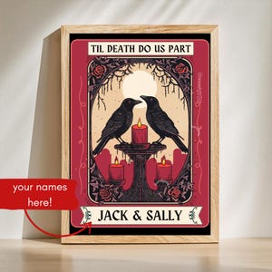 May include: Framed art print featuring two black crows facing each other above a candlelit table, with the text "TIL DEATH DO US PART" and "JACK & SALLY". The artwork has a gothic theme with a red and black color scheme.