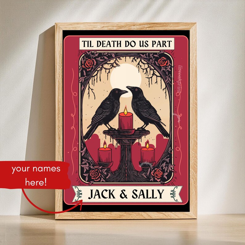 May include: Framed art print featuring two black crows facing each other above a candlelit table, with the text "TIL DEATH DO US PART" and "JACK & SALLY". The artwork has a gothic theme with a red and black color scheme.