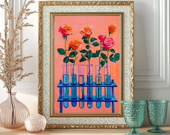 May include: A framed artwork featuring roses in test tubes. The painting has a coral background and a gold frame. The roses are orange and pink, with green stems and leaves. The test tubes are in a blue rack, filled with blue liquid.