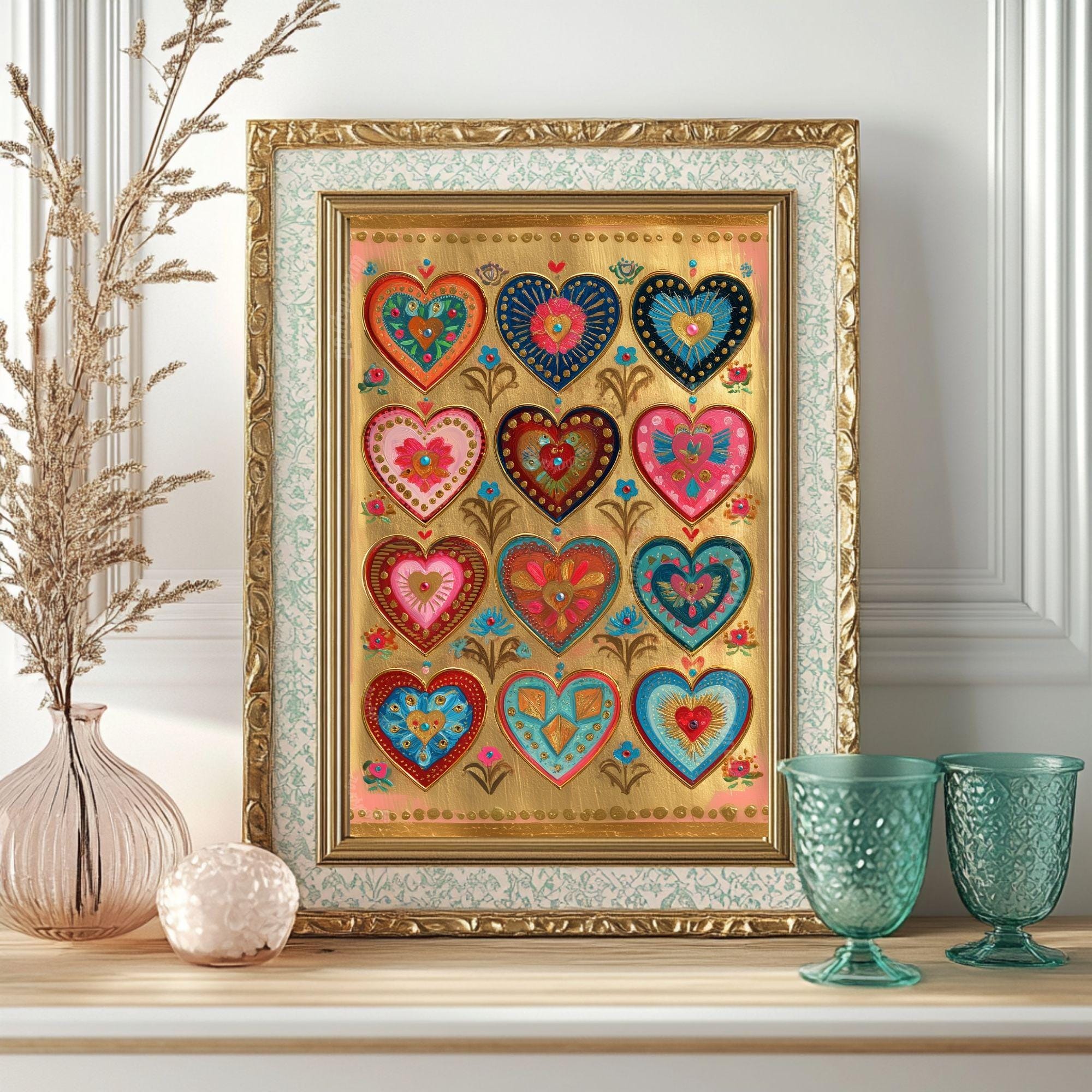 Folk Art Heart Wall Print – Colorful Sacred Hearts Artwork, Boho Gold ...