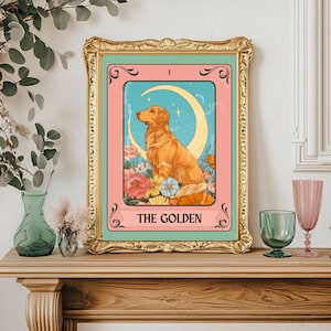 Golden Retriever Wall Art - Golden Tarot Art Print – Golden Retriever Owner Gift Boho Tarot Poster Living Room Decor Dog Wall Art