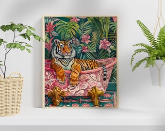 Tiger In A Bathtub In A Luxury Bathroom - Maximalist Bathroom Decor -Tiger Bathroom Print - Maximalist Tiger Print- Tropical Wall Decor