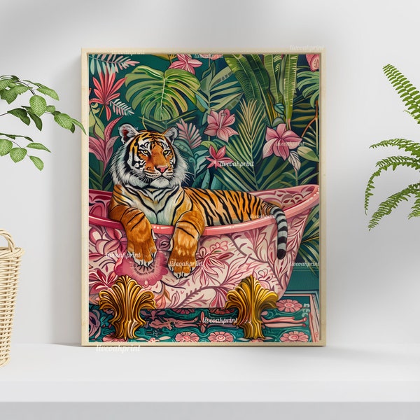 Tiger in der Badewanne in einem Luxusbadezimmer - Maximalist Badezimmer Dekor -Tiger Badezimmer Druck - Maximalist Tiger Druck- Tropisches Wanddekor