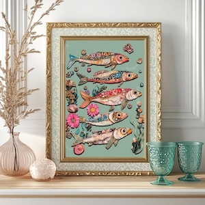 Fish Art Print - Sardines Wall Art - Vintage Ocean Decor - Boho Bathroom Wall Art Sage Green Wall Decor Kitchen Art Print Fish Wall Print