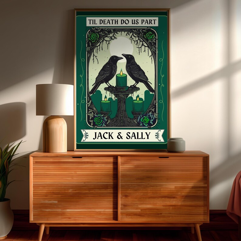 May include: A framed art print with a green and black design. Two black crows face each other above a candelabra with lit candles. The text "TIL DEATH DO US PART" and "JACK & SALLY" are displayed on the print.