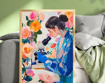 May include: A framed art print depicts a person using a microscope, surrounded by colorful flowers. The person wears a blue lab coat and gloves. The artwork features a vibrant palette of pink, orange, and blue hues, creating a visually appealing composition.