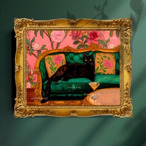 Black Cat with Martini Art Print - Maximalist Home Decor - Whimsical Cocktail Bar Cart Decor - Quirky Wall Art - Emerald Green and Pink