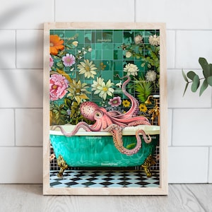 Octopus In A Bathtub In A Luxury Bathroom - Framed / Unframed / Canvas - Octopus Gift - Octopus Wall Art - Funky Eclectic Bathroom Decor