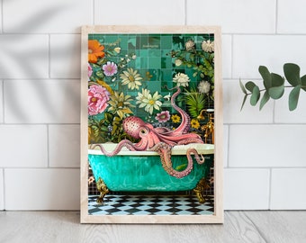 Octopus In A Bathtub In A Luxury Bathroom - Framed / Unframed / Canvas - Octopus Gift - Octopus Wall Art - Funky Eclectic Bathroom Decor