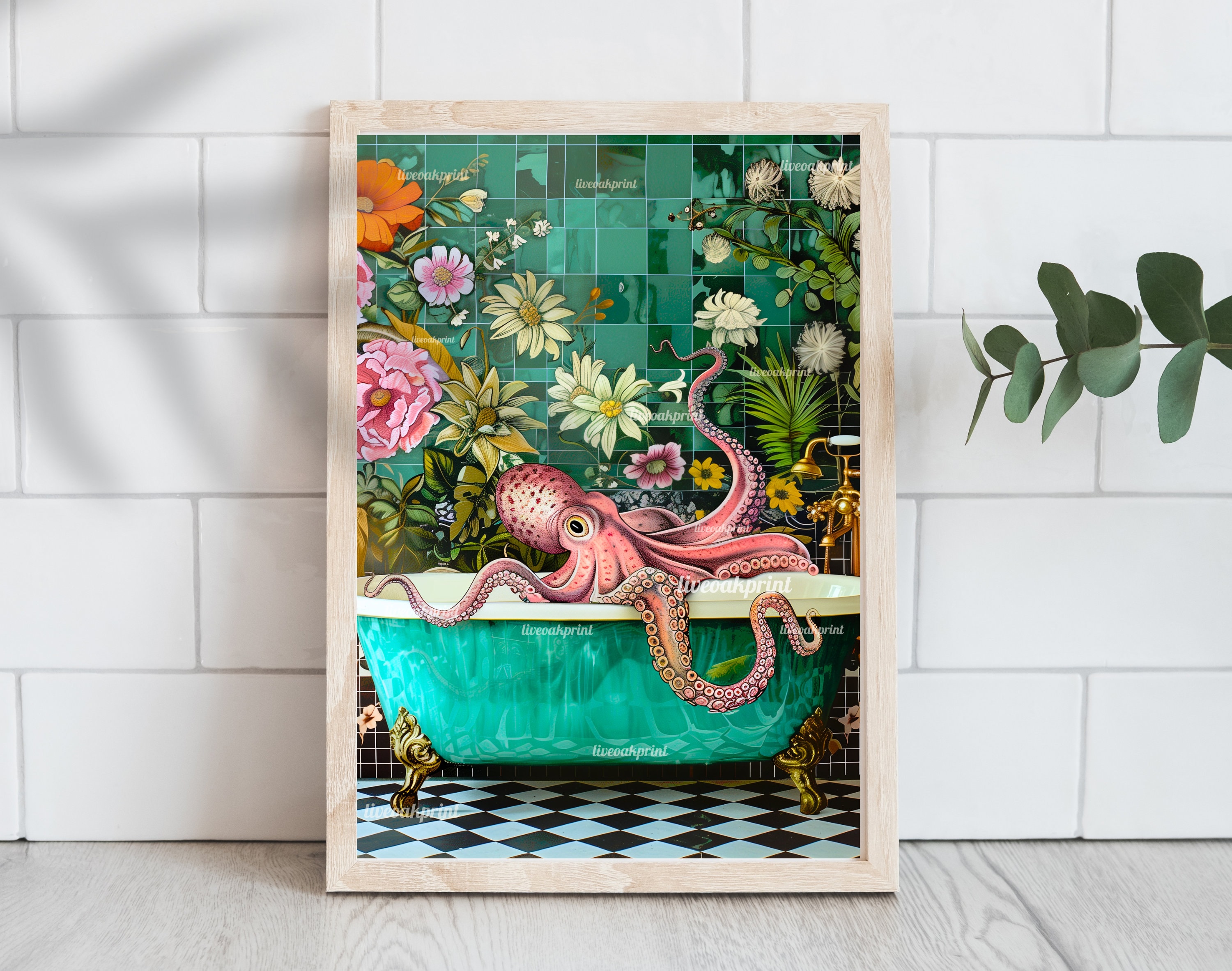 Octopus In A Bathtub In A Luxury Bathroom - Framed / Unframed / Canvas - Octopus Gift - Octopus Wall Art - Funky Eclectic Bathroom Decor