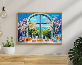 May include: A framed painting depicts a window overlooking a coastal scene. The window is flanked by pink flowering branches and a collection of glass beakers and flasks filled with colorful liquids. The painting has a blue background and a wooden frame.
