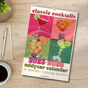 2025–2026 Cocktail Calendar | Midyear Monthly Recipe Calendar | Cocktail Art Print | Home Bar Decor | Mixology Gift for Bartenders