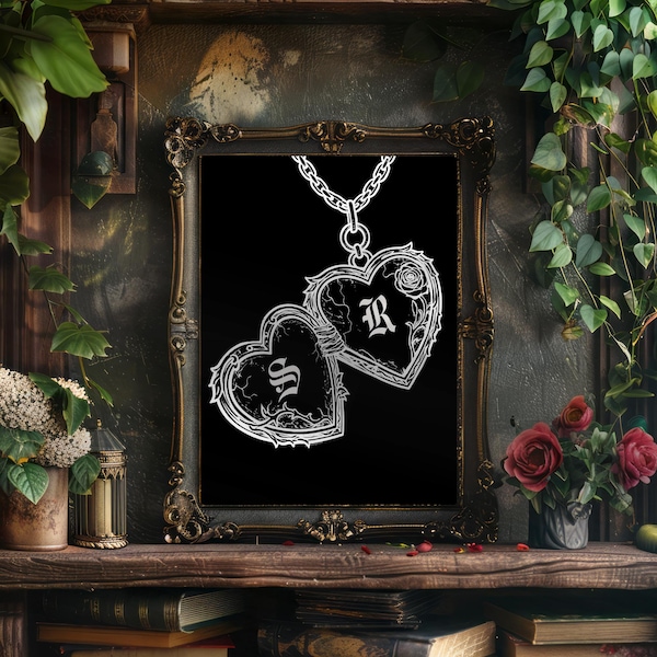 Gothic Couple Locket Print - Personalized Valentine Gift For Him Dark Wall Art Gothic Wedding Gift Custom Goth Valentines Gift for Her