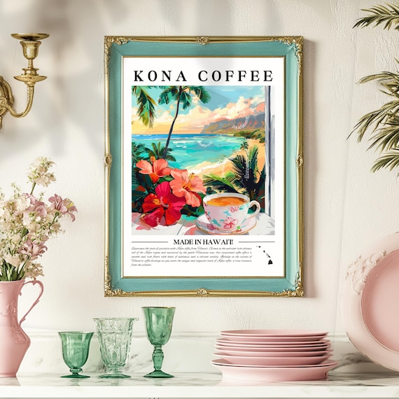 Kona Coffee Wall Art - Hawaii Kitchen Decor Tropical Coffee Print