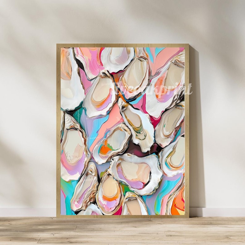 May include: Abstract painting of colourful oyster shells in shades of pink, blue, green, and white. The shells are arranged in a random pattern and overlap each other.