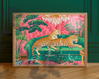 Leopard Lounge Wall Art – Maximalist Jungle Print – Pink and Green Glam Decor – Animal Print Living Room Art – Vintage Palm Wallpaper