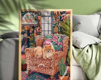 Pomeranian Dog Print – Maximalist Art, Leopard Sofa