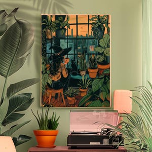 Witch Drinking Coffee Wall Art - Room Decor Witchy Boho Witch Cat Print Bruja Art Black Cat Art Home Decor Plant Wall Art Gothic Home Decor