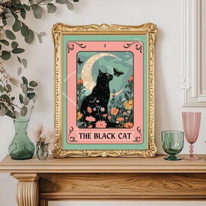 Impressão de arte de tarô de gato preto – Arte de parede de gato bruxa, decoração botânica de gato, presente místico para amantes de gatos, pôster de tarô boho, decoração de sala de estar para gatos