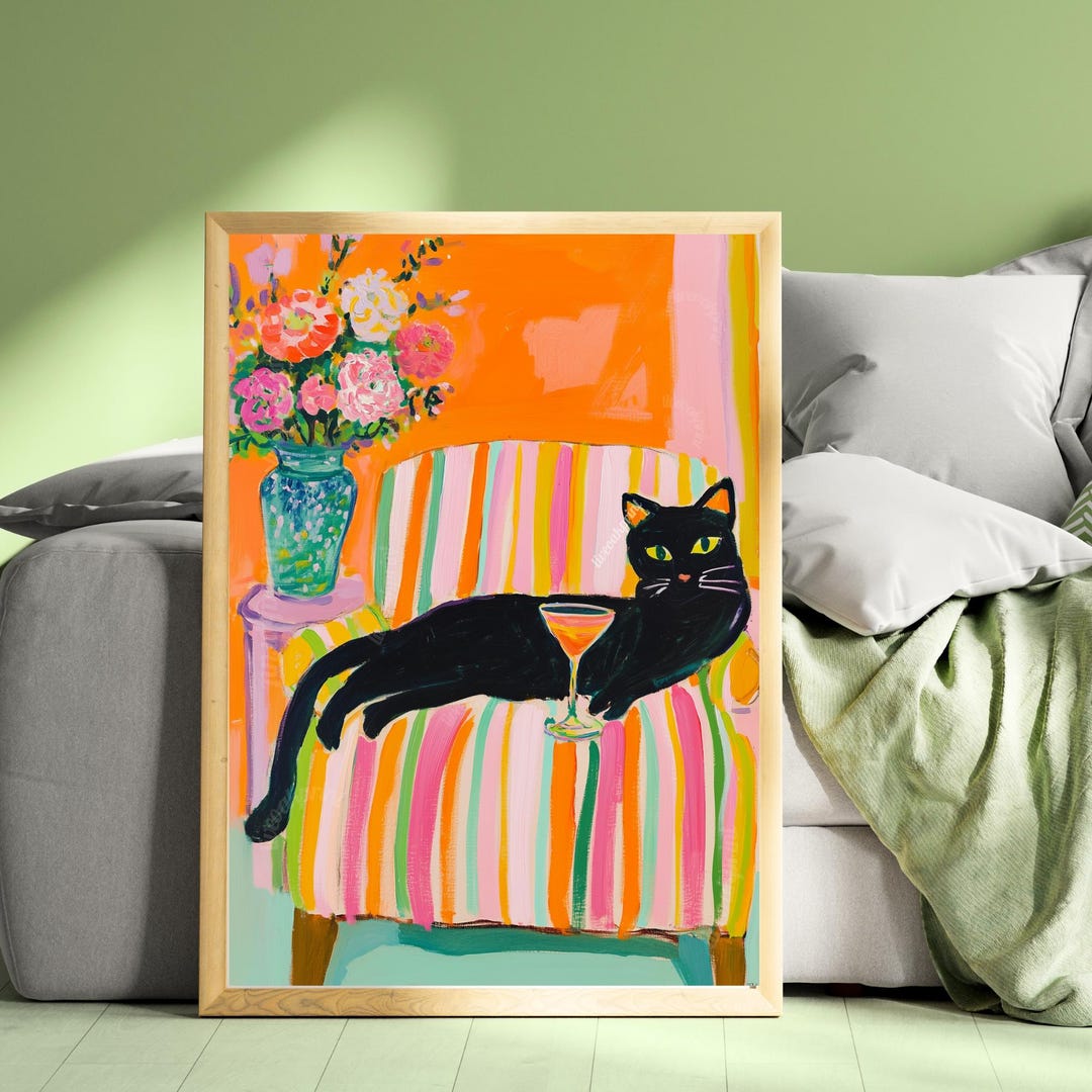 Black Cat Wall Art – Cocktail Cat Print – Dopamine Decor – Whimsical ...